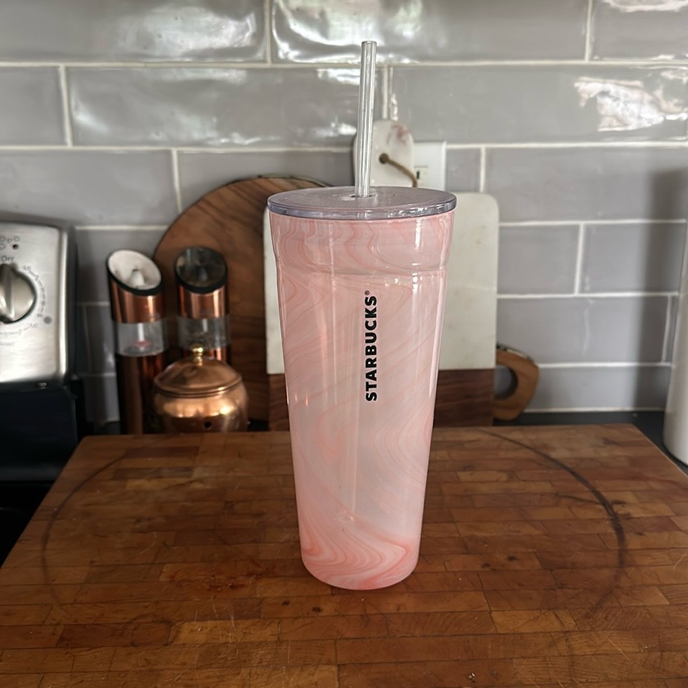 STARBUCKS VENTI PINK CORAL MARBLE GLASS DOUBLE WALL COLD CUP TUMBLER